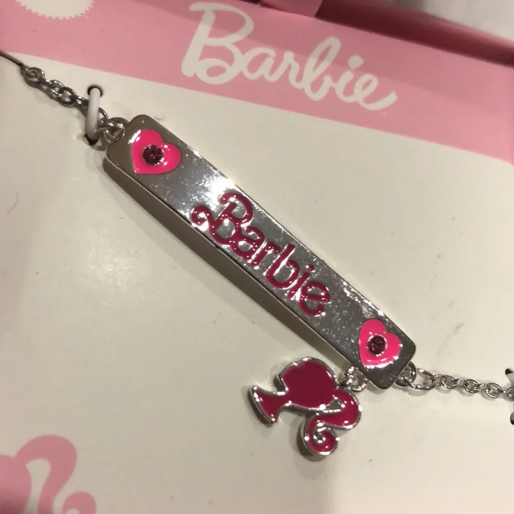 Barbie fine silver plated Barbie charm pink heart printed bar bracelet new‎